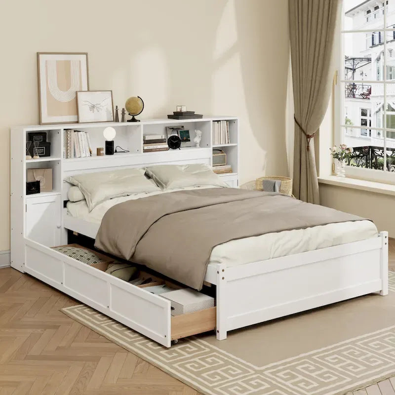 Wooden Storage Bed Bookcase Wingback Bed with Tall Bookcase Headboard, 6 Drawers and Charging Station, No Box Spring Needed
