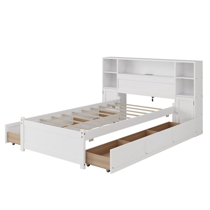 Wooden Storage Bed Bookcase Wingback Bed with Tall Bookcase Headboard, 6 Drawers and Charging Station, No Box Spring Needed