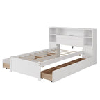 Wooden Storage Bed Bookcase Wingback Bed with Tall Bookcase Headboard, 6 Drawers and Charging Station, No Box Spring Needed