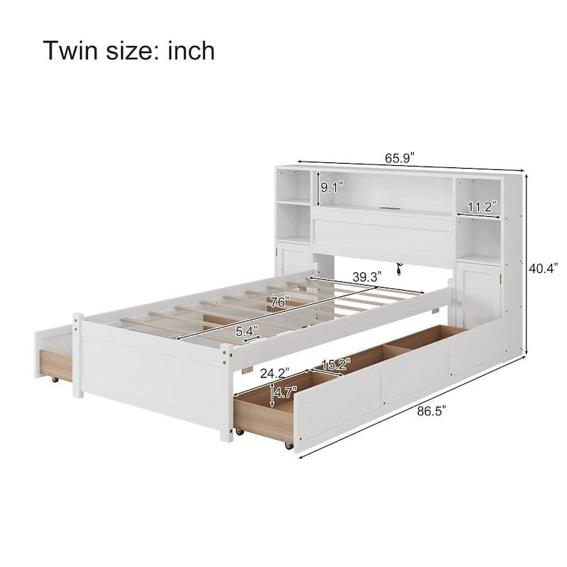 Wooden Storage Bed Bookcase Wingback Bed with Tall Bookcase Headboard, 6 Drawers and Charging Station, No Box Spring Needed