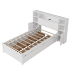 Wooden Storage Bed Bookcase Wingback Bed with Tall Bookcase Headboard, 6 Drawers and Charging Station, No Box Spring Needed