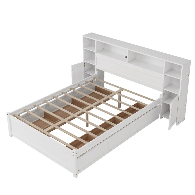 Wooden Storage Bed Bookcase Wingback Bed with Tall Bookcase Headboard, 6 Drawers and Charging Station, No Box Spring Needed