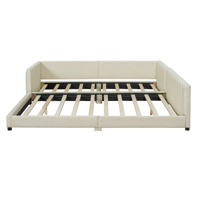 Double Upholstered Platform Bed Queen Size & Twin XL Size, PU Leather Mother & Child Bed Floor Bed Daybed for Bedroom