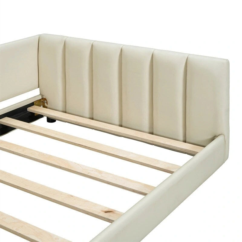 Double Upholstered Platform Bed Queen Size & Twin XL Size, PU Leather Mother & Child Bed Floor Bed Daybed for Bedroom