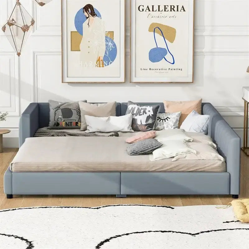 Double Upholstered Platform Bed Queen Size & Twin XL Size, PU Leather Mother & Child Bed Floor Bed Daybed for Bedroom