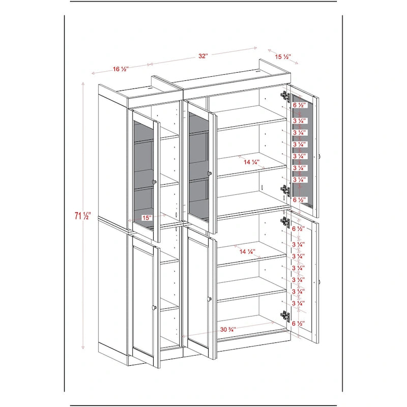 Palace Imports 100% Solid Wood 48.5  Pantry China Cabinet with Frosted Glass, Solid Wood Doors and 2-Drawers