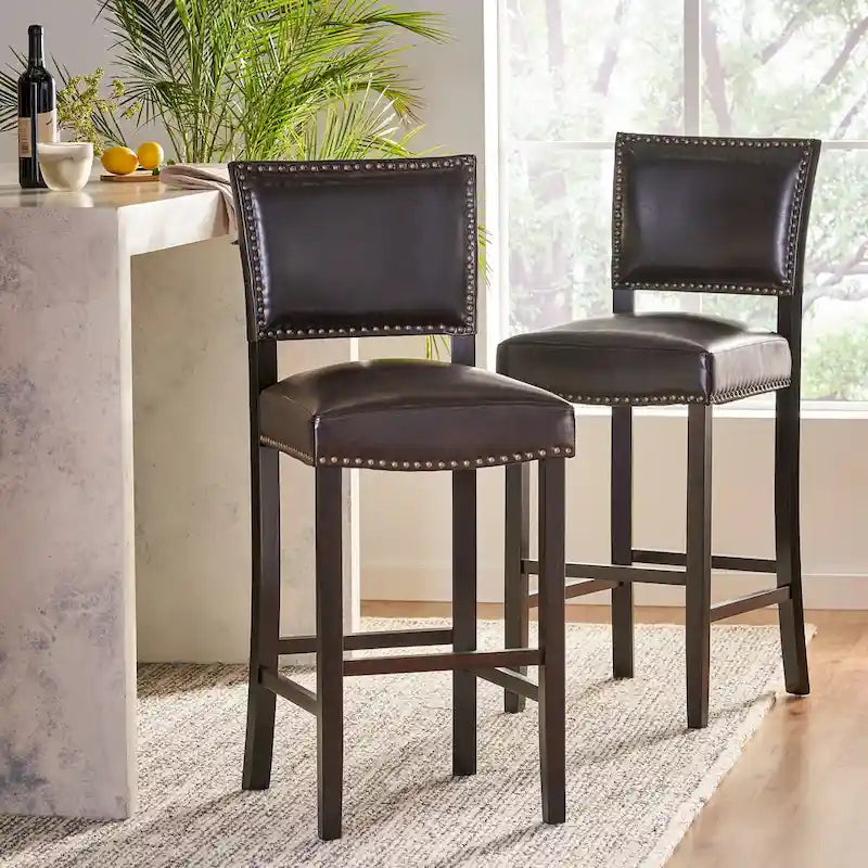 30.5  Modern Bar Stool with Leather Backrest Padded Seat, Nailhead Trim, Solid Wood Legs for Bar Dining Room Living Room Caf