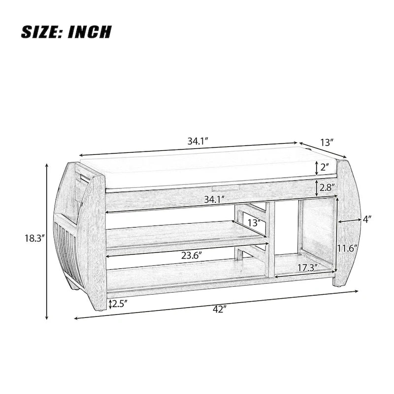Shoe Storage Bench with Cushion and Curved Side