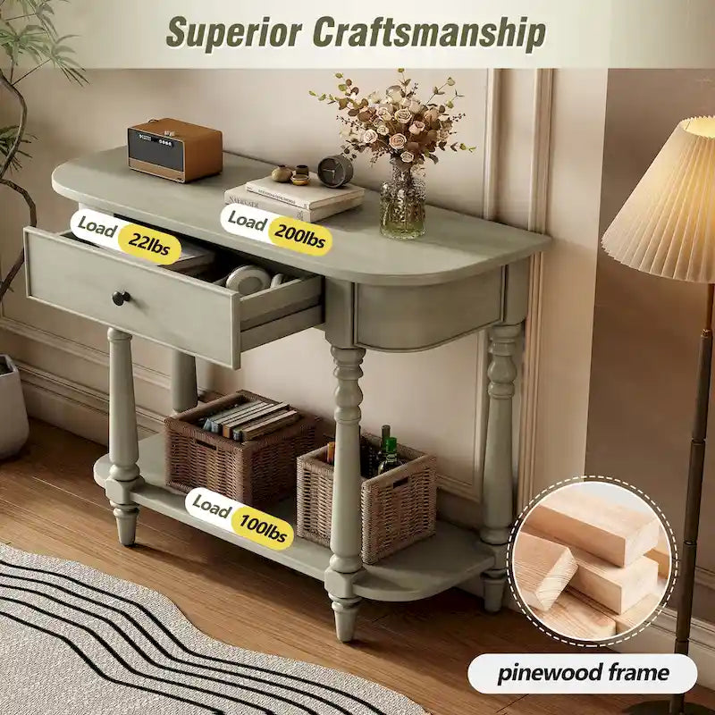 Retro Narrow Console Table with Curved Corner, Top Drawer & Open Shelf
