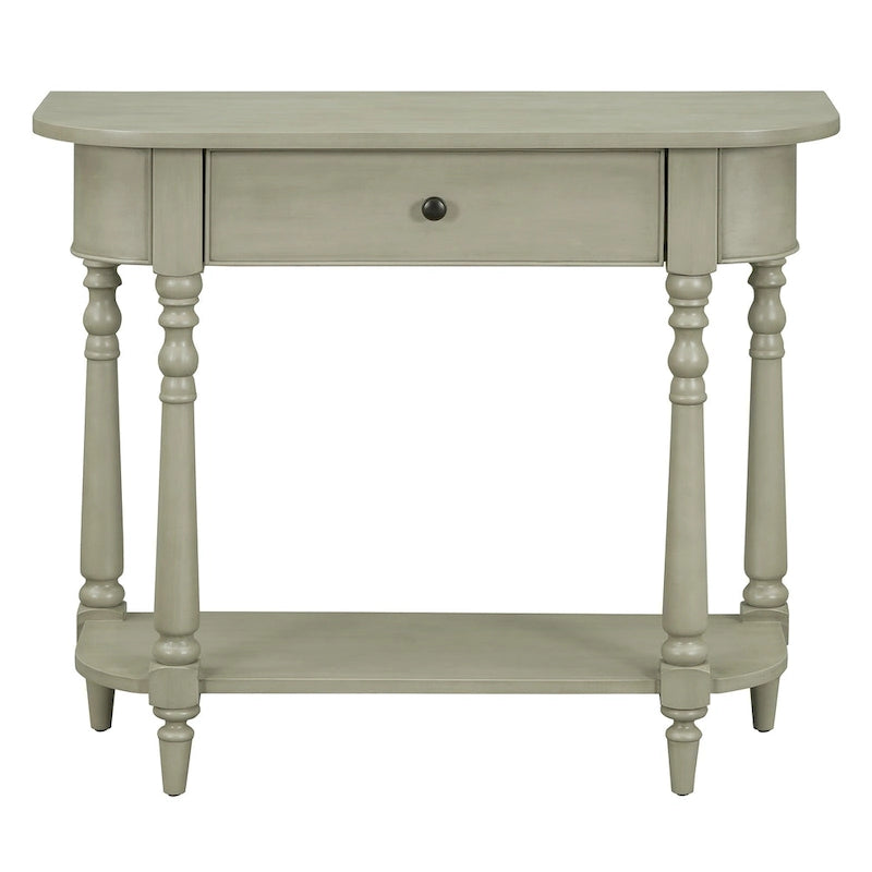 Retro Narrow Console Table with Curved Corner, Top Drawer & Open Shelf