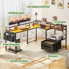 L Shaped Desk with File Drawer and Printer Stand, Reversible Corner Computer Desk with Power Outlet and LED Strip