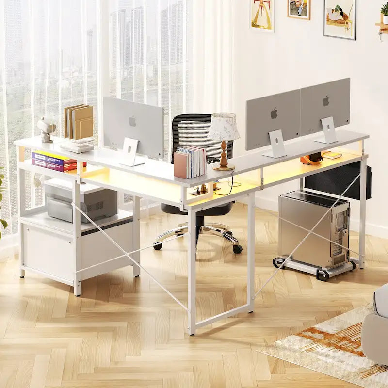 L Shaped Desk with File Drawer and Printer Stand, Reversible Corner Computer Desk with Power Outlet and LED Strip