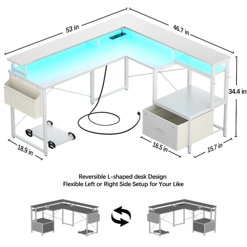 L Shaped Desk with File Drawer and Printer Stand, Reversible Corner Computer Desk with Power Outlet and LED Strip