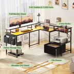 L Shaped Desk with File Drawer and Printer Stand, Reversible Corner Computer Desk with Power Outlet and LED Strip
