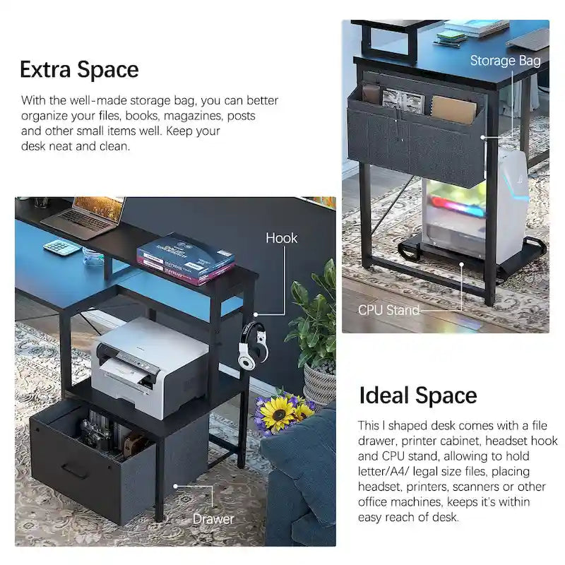 L Shaped Desk with File Drawer and Printer Stand, Reversible Corner Computer Desk with Power Outlet and LED Strip