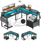 L Shaped Desk with File Drawer and Printer Stand, Reversible Corner Computer Desk with Power Outlet and LED Strip