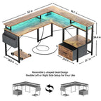 L Shaped Desk with File Drawer and Printer Stand, Reversible Corner Computer Desk with Power Outlet and LED Strip