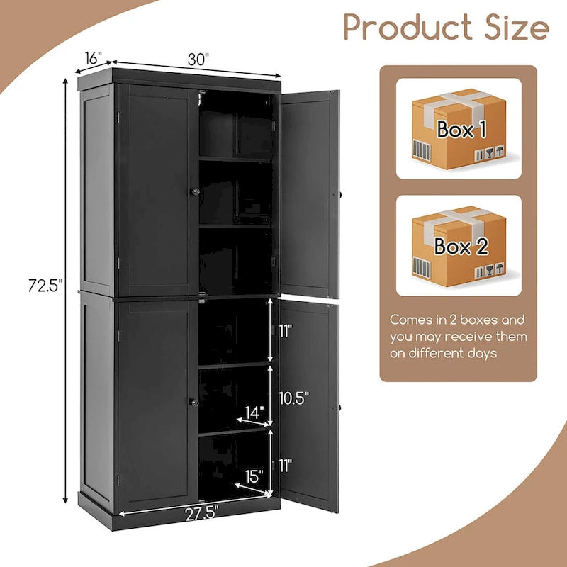 Gymax 72.5  Kitchen Pantry w/4 Door 6-Tier Shelves Freestanding