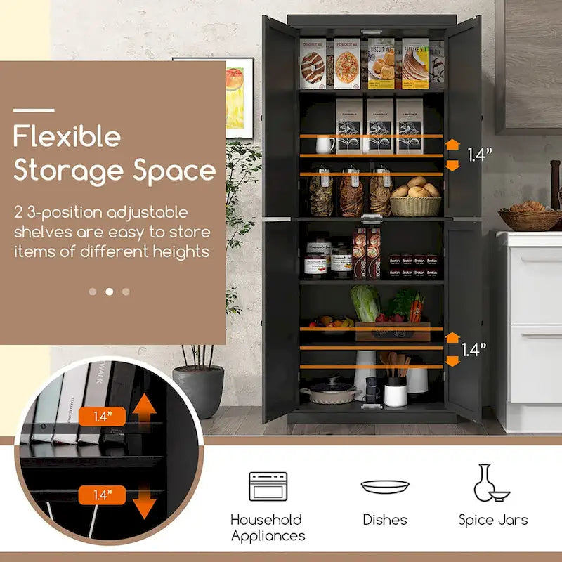 Gymax 72.5  Kitchen Pantry w/4 Door 6-Tier Shelves Freestanding