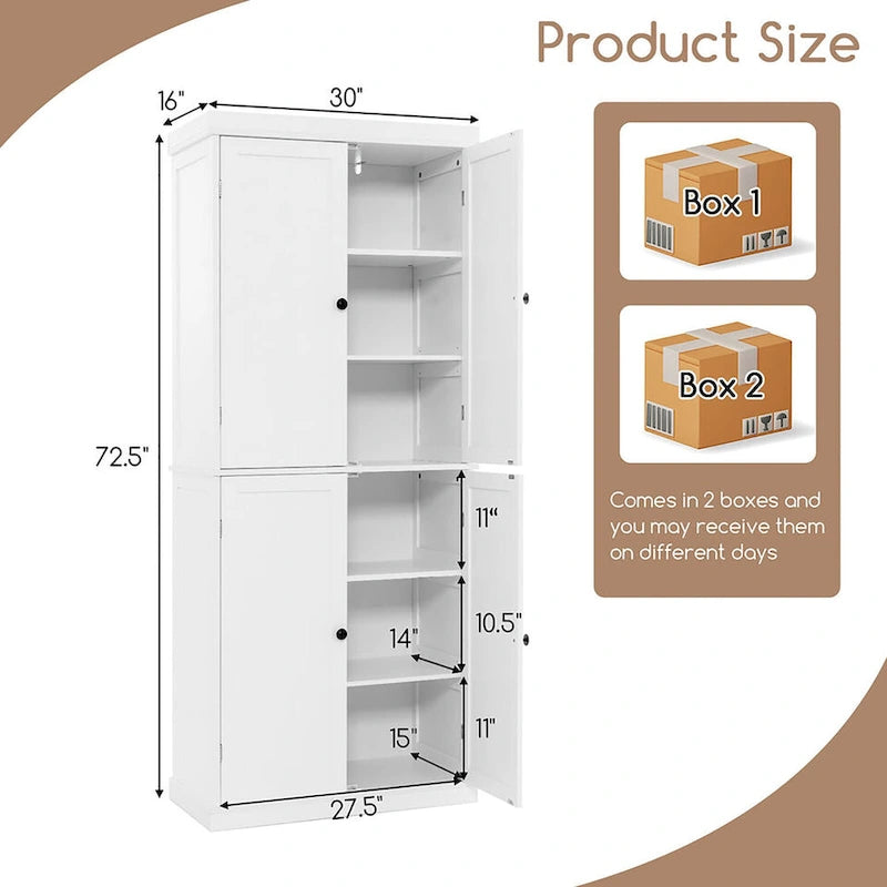 Gymax 72.5  Kitchen Pantry w/4 Door 6-Tier Shelves Freestanding