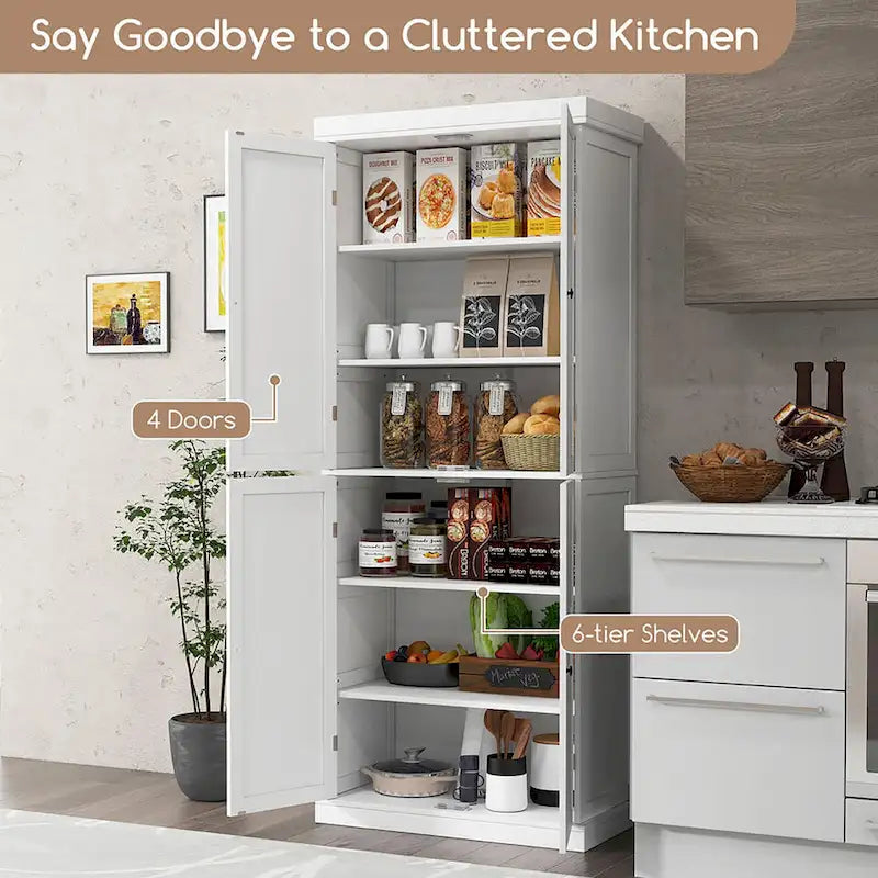 Gymax 72.5  Kitchen Pantry w/4 Door 6-Tier Shelves Freestanding