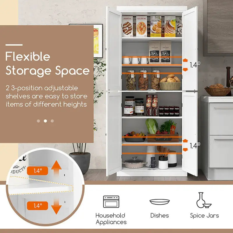 Gymax 72.5  Kitchen Pantry w/4 Door 6-Tier Shelves Freestanding