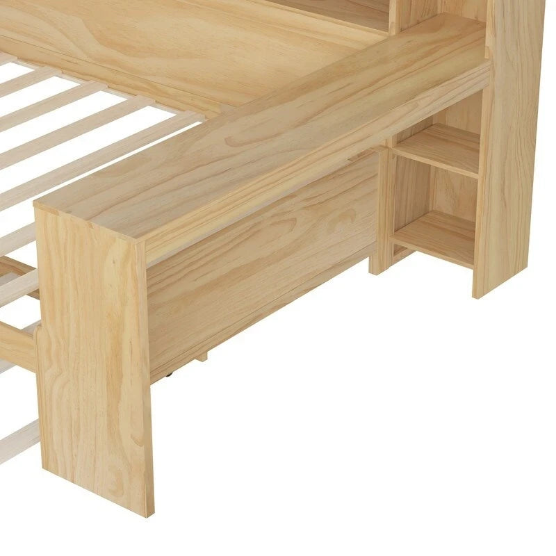 Twin/Full Size Multifunctional Daybed with Storage Shelves and Desk, Wooden Platform Bed Frame with Twin Size Trundle