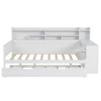 Twin/Full Size Multifunctional Daybed with Storage Shelves and Desk, Wooden Platform Bed Frame with Twin Size Trundle
