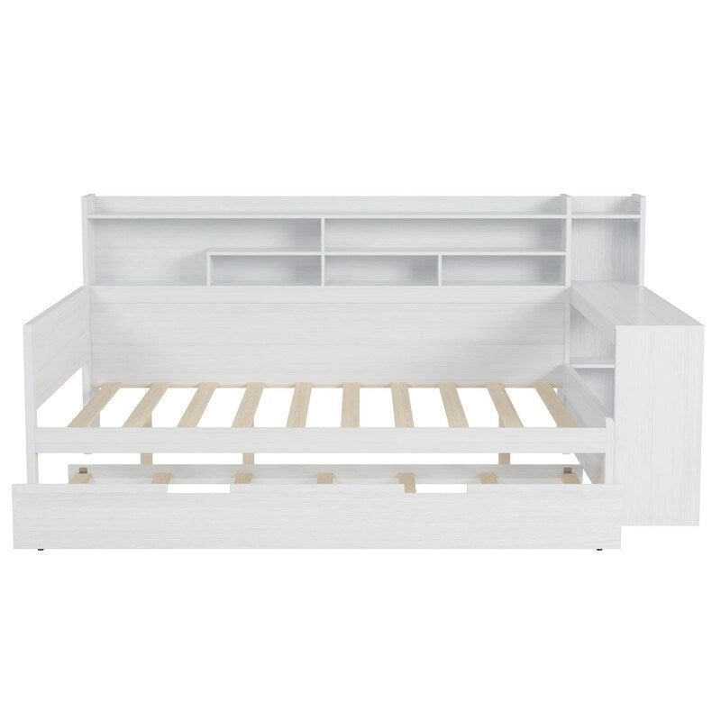 Twin/Full Size Multifunctional Daybed with Storage Shelves and Desk, Wooden Platform Bed Frame with Twin Size Trundle