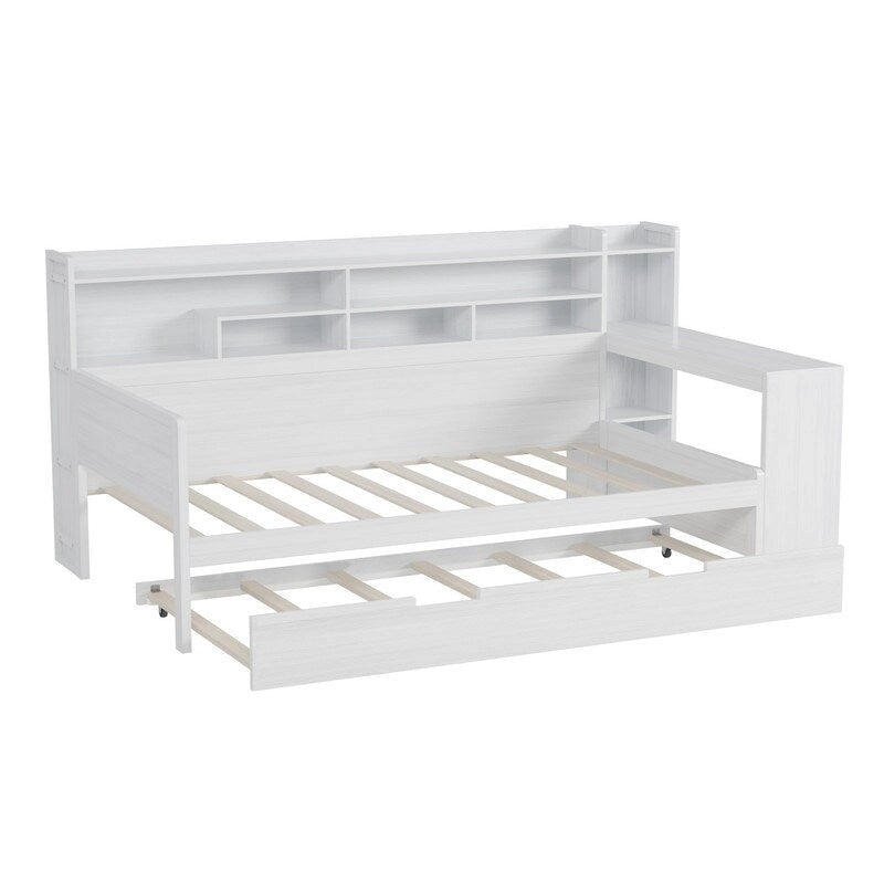 Twin/Full Size Multifunctional Daybed with Storage Shelves and Desk, Wooden Platform Bed Frame with Twin Size Trundle