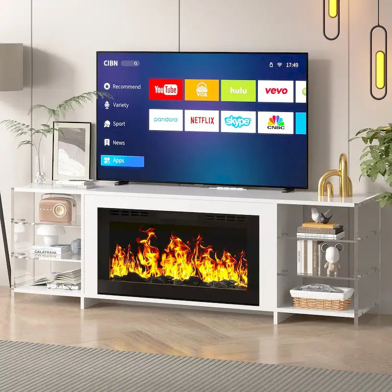 VECELO 70  Rustic TV Stand without/with Fireplace Heater(2 Options),Media Entertainment Center Table with Storage Shelves