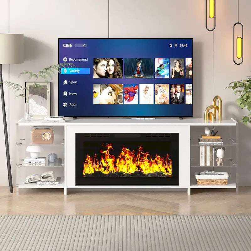 VECELO 70  Rustic TV Stand without/with Fireplace Heater(2 Options),Media Entertainment Center Table with Storage Shelves