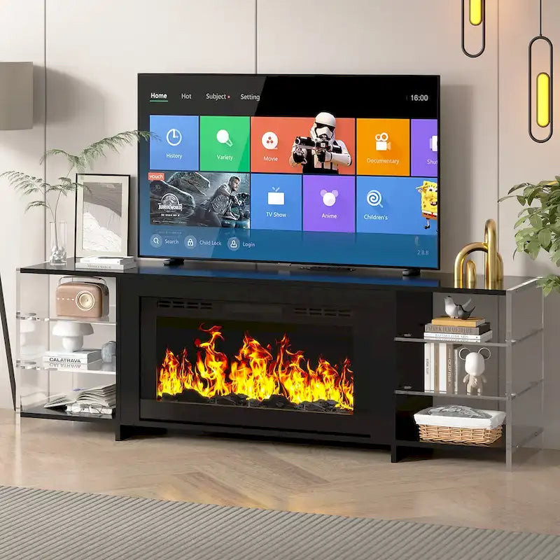 VECELO 70  Rustic TV Stand without/with Fireplace Heater(2 Options),Media Entertainment Center Table with Storage Shelves
