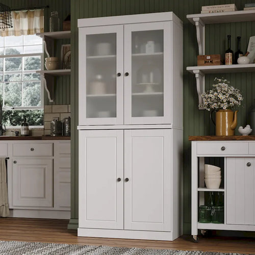 100% Solid Wood Pantry Cabinet with Frosted Glass Doors, Solid Doors, 2-Drawers and Adjustable Shelves