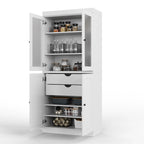 100% Solid Wood Pantry Cabinet with Frosted Glass Doors, Solid Doors, 2-Drawers and Adjustable Shelves