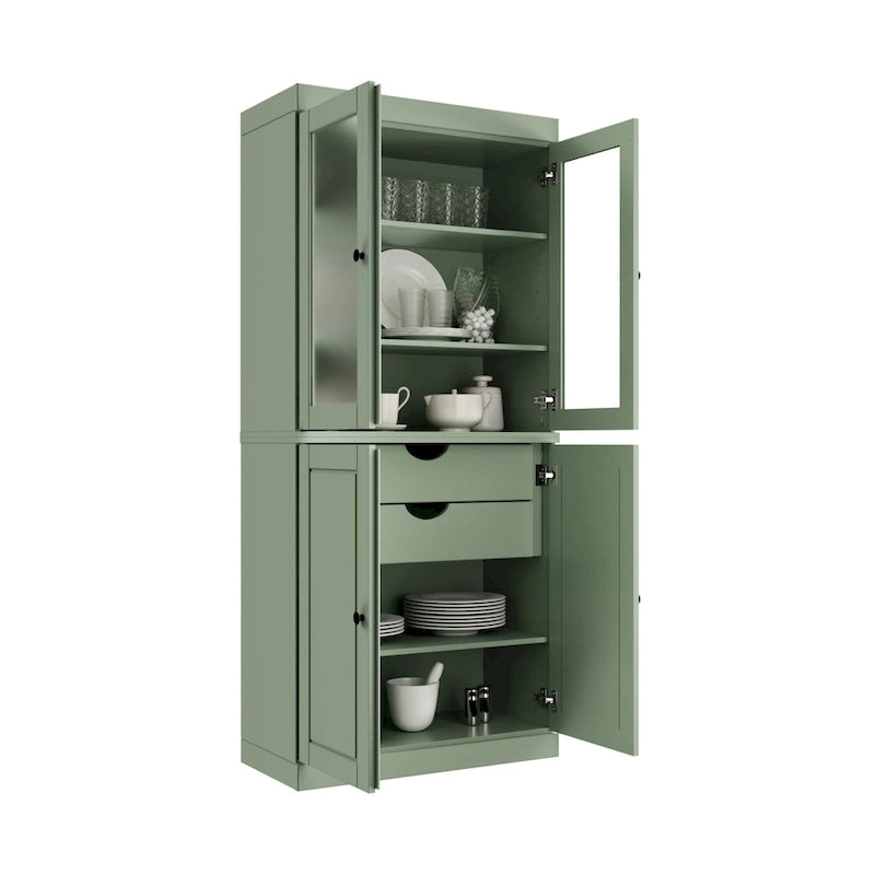 100% Solid Wood Pantry Cabinet with Frosted Glass Doors, Solid Doors, 2-Drawers and Adjustable Shelves