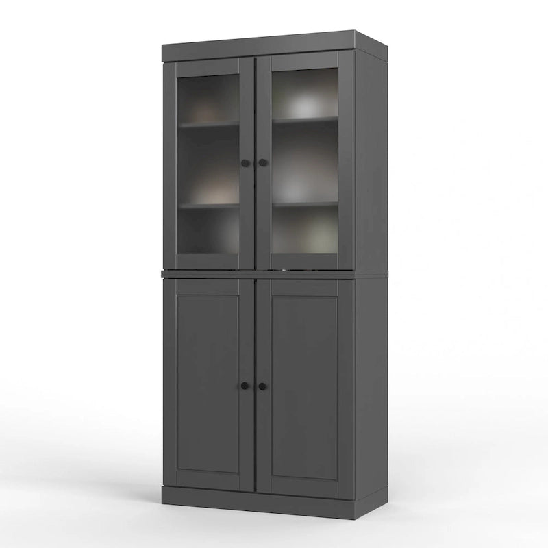100% Solid Wood Pantry Cabinet with Frosted Glass Doors, Solid Doors, 2-Drawers and Adjustable Shelves