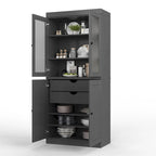 100% Solid Wood Pantry Cabinet with Frosted Glass Doors, Solid Doors, 2-Drawers and Adjustable Shelves