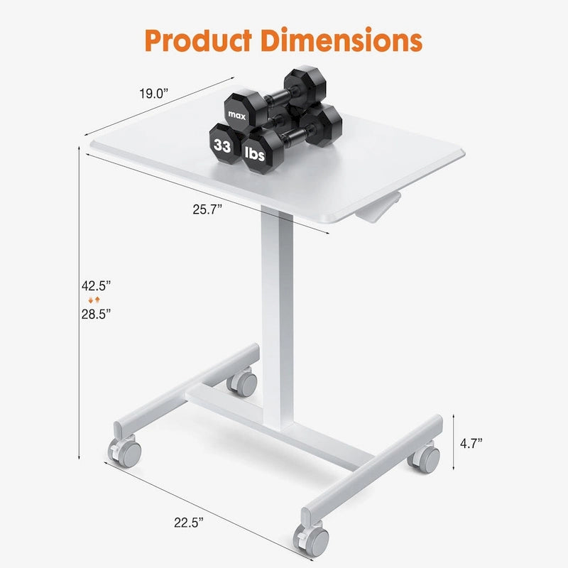 42.5  H Tall Small Standing Desk Mobile Portable Rolling Laptop PC Table Adjustable Height w/ Wheels