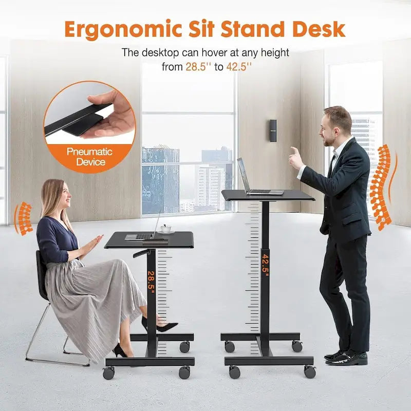 42.5  H Tall Small Standing Desk Mobile Portable Rolling Laptop PC Table Adjustable Height w/ Wheels