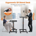 42.5  H Tall Small Standing Desk Mobile Portable Rolling Laptop PC Table Adjustable Height w/ Wheels