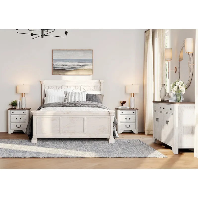 WAMPAT Farmhouse 3PCS Bedroom Set, 59  W Large Sideboard Buffet Cabinet,and Wood Nightstands Set of 2 with Charging Station