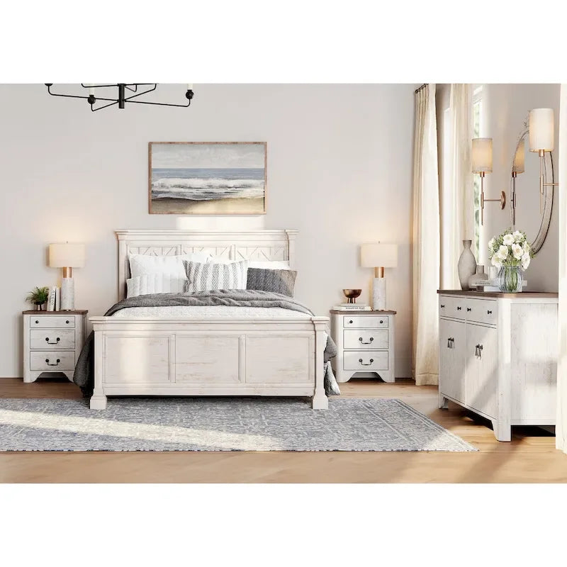 WAMPAT Farmhouse 3PCS Bedroom Set, 59  W Large Sideboard Buffet Cabinet,and Wood Nightstands Set of 2 with Charging Station