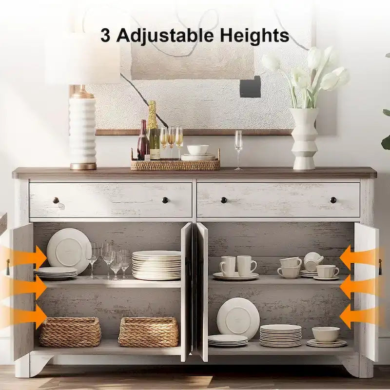 WAMPAT Farmhouse 3PCS Bedroom Set, 59  W Large Sideboard Buffet Cabinet,and Wood Nightstands Set of 2 with Charging Station