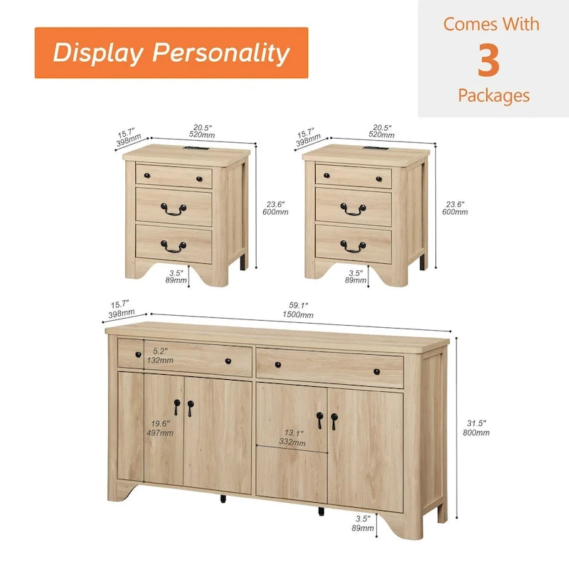 WAMPAT Farmhouse 3PCS Bedroom Set, 59  W Large Sideboard Buffet Cabinet,and Wood Nightstands Set of 2 with Charging Station
