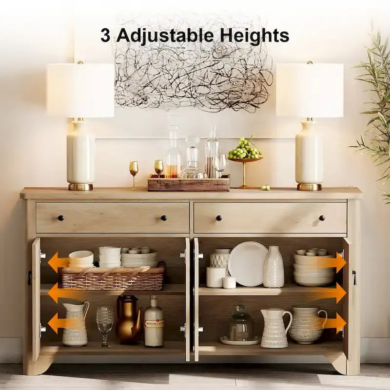 WAMPAT Farmhouse 3PCS Bedroom Set, 59  W Large Sideboard Buffet Cabinet,and Wood Nightstands Set of 2 with Charging Station