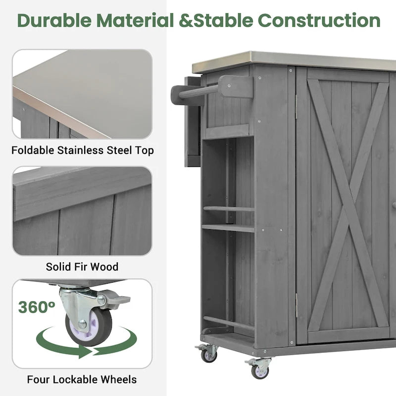 Outdoor Solid Fir Wood Kitchen Island with Stainless Steel Top,Mobile Outdoor Cart with Barn Doors,Drawer