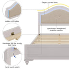 Modern Queen Size Wood Bed with Hidden LED Light Upholstered Curved Headboard, No Box Spring Needed, Cream Grey