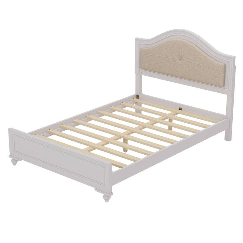 Modern Queen Size Wood Bed with Hidden LED Light Upholstered Curved Headboard, No Box Spring Needed, Cream Grey