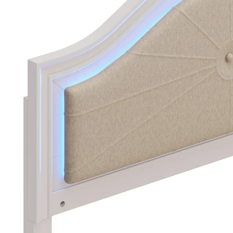 Modern Queen Size Wood Bed with Hidden LED Light Upholstered Curved Headboard, No Box Spring Needed, Cream Grey